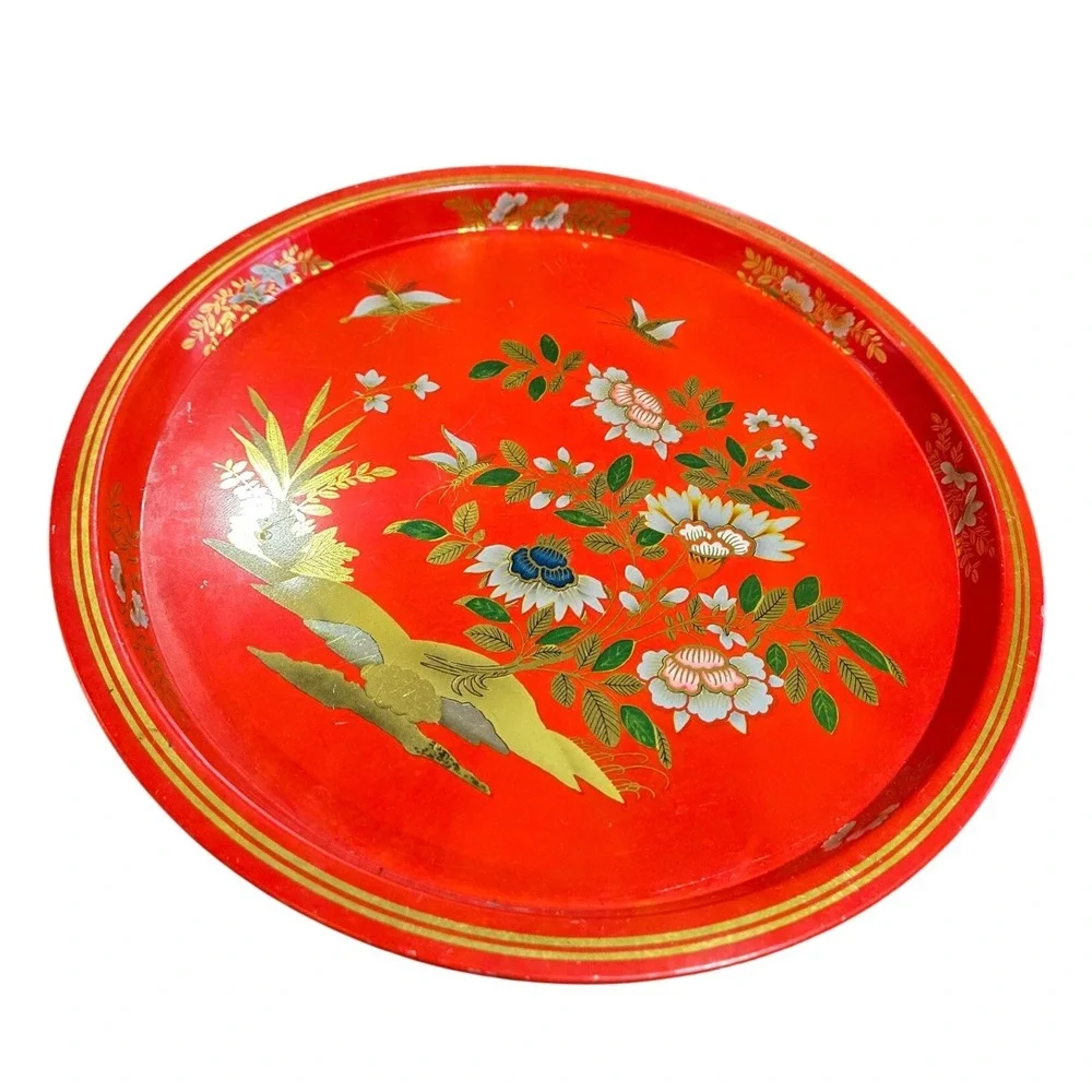 China Woods Floral Butterfly Round Metal‎ Tray Red Gold Made in England
